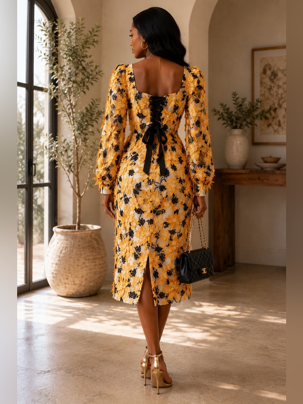Helsi Floral Garden Yellow Midi Dress size S NWT